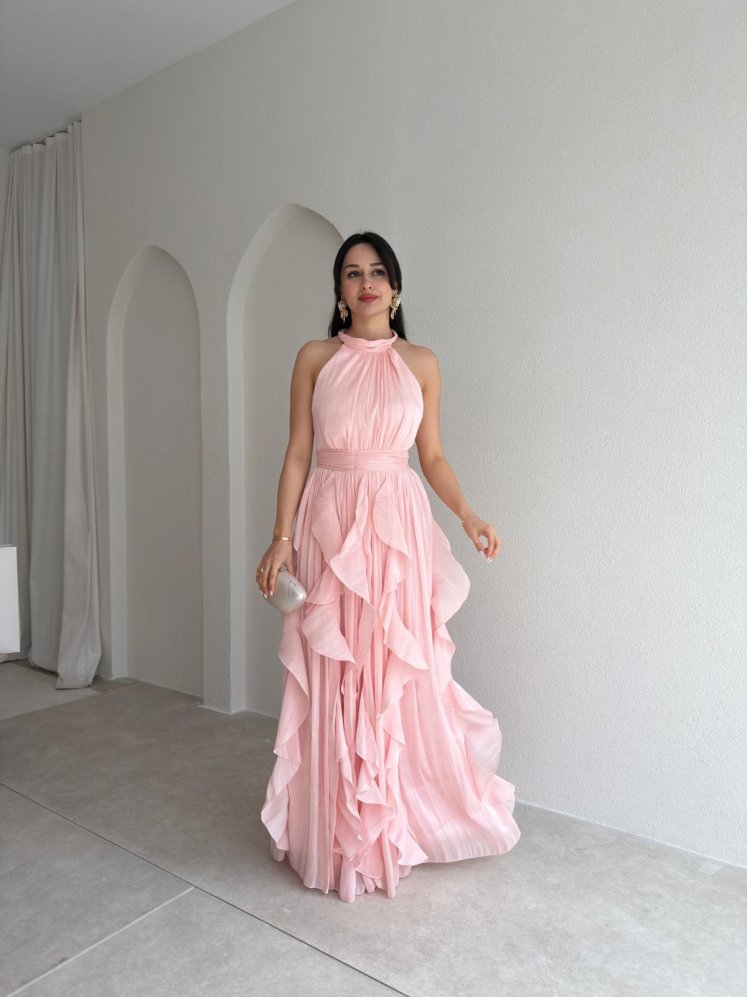 REBECA Halter Yaka Maxi Elbise 3772 - Pudra - Mooi Butik