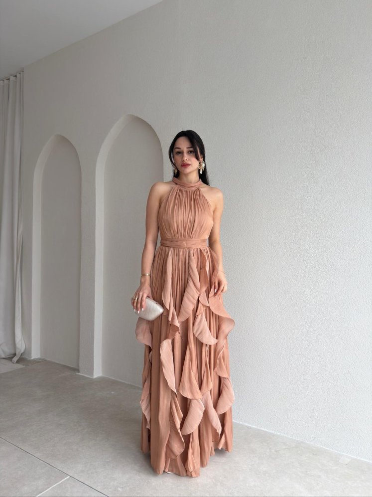 REBECA Halter Yaka Maxi Elbise 3772 - Vizon - Mooi Butik