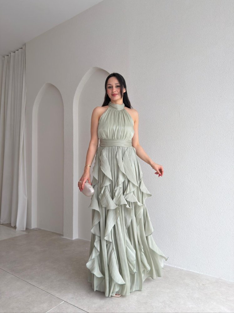 REBECA Halter Yaka Maxi Elbise 3772 - Yağ Yeşili - Mooi Butik