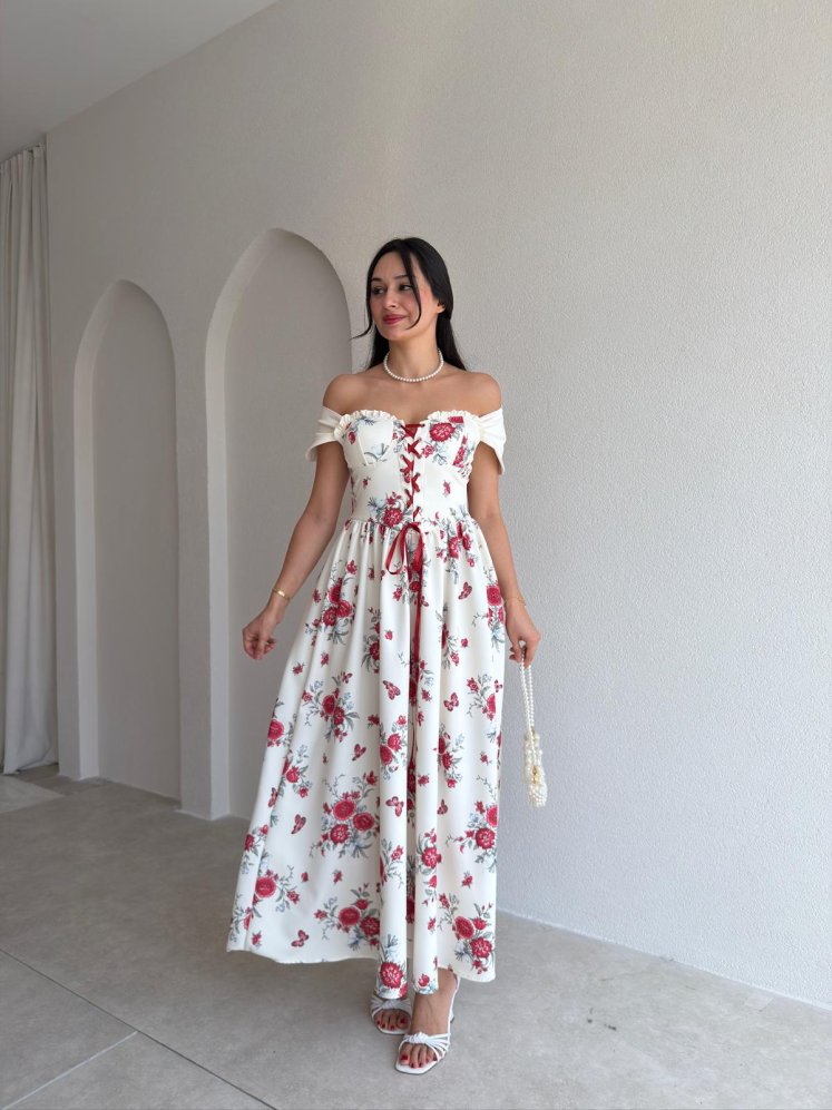 RİNA Çiçek Desenli Maxi Elbise 3399 - Beyaz - Mooi Butik
