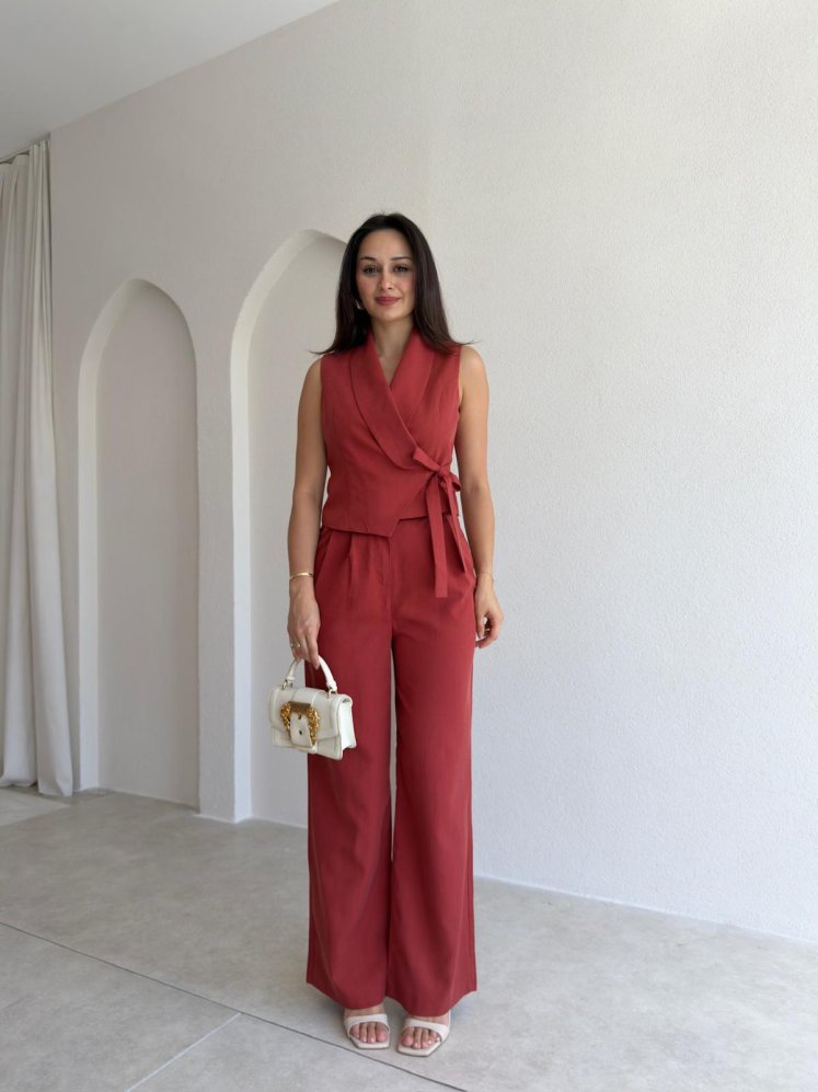 RİSSA Premium Keten Takım 3753 - Kiremit - Mooi Butik