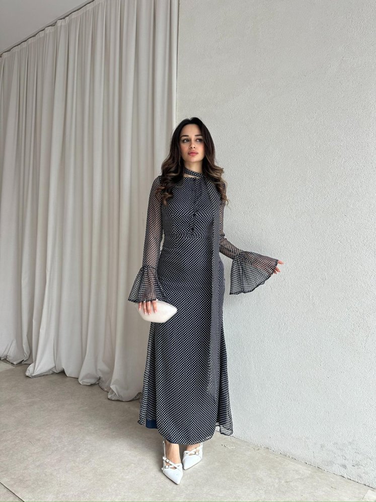 RİVELO Puantiyeli Elbise 8696 - Lacivert - Mooi Butik