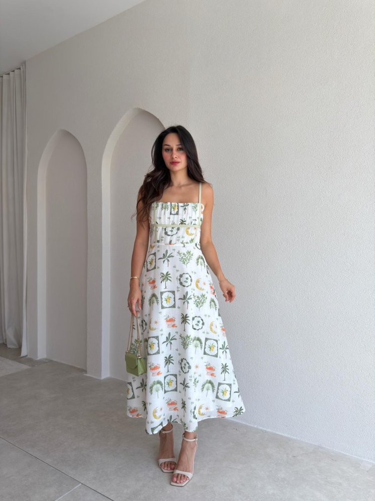 RİZOM Desenli Midi Elbise 3043 - Beyaz - Mooi Butik