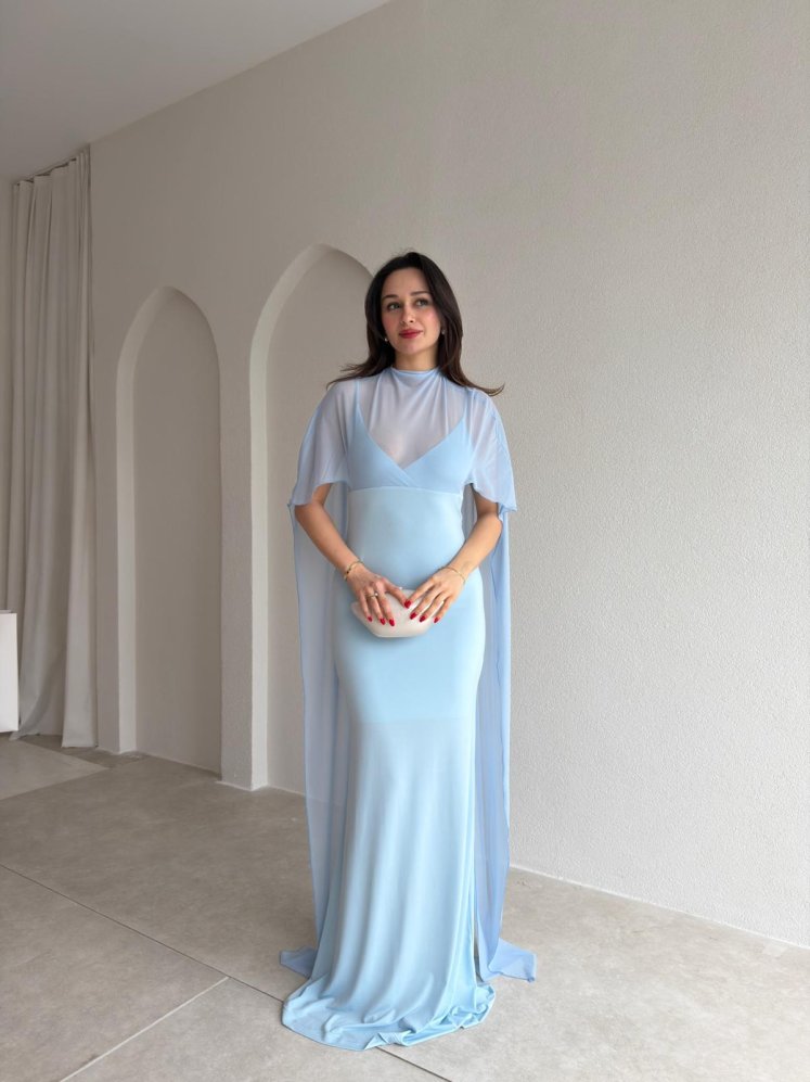 ROBBY Tül Parçalı Maxi Elbise 1819 - Bebe Mavi - Mooi Butik