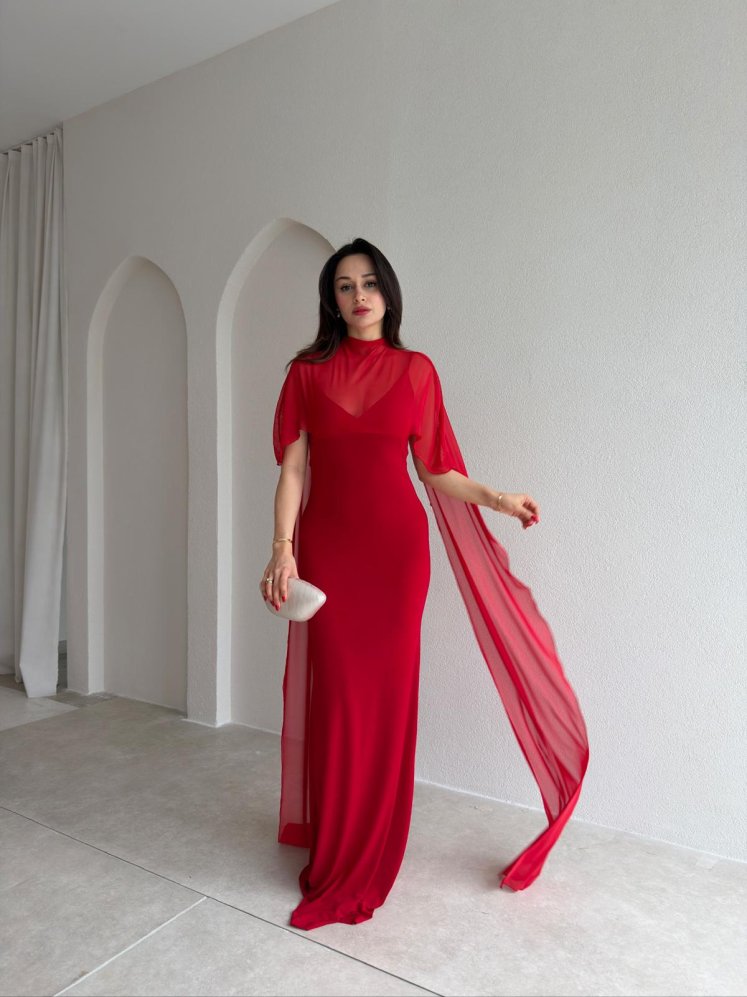 ROBBY Tül Parçalı Maxi Elbise 1819 - Kırmızı - Mooi Butik