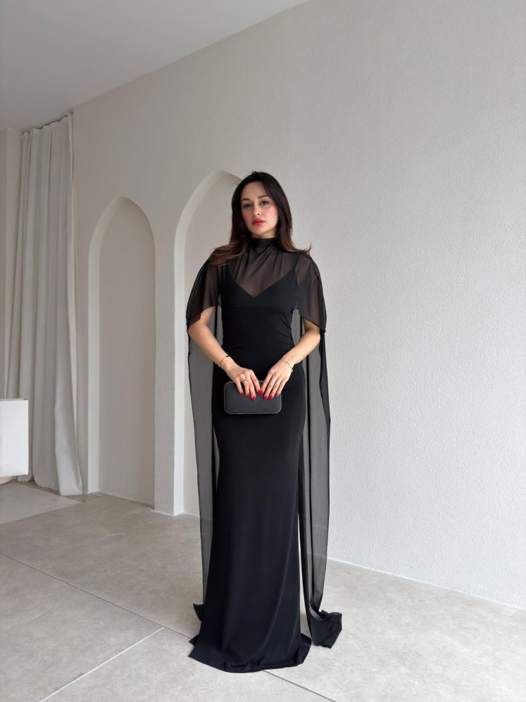 ROBBY Tül Parçalı Maxi Elbise 1819 - Siyah - Mooi Butik