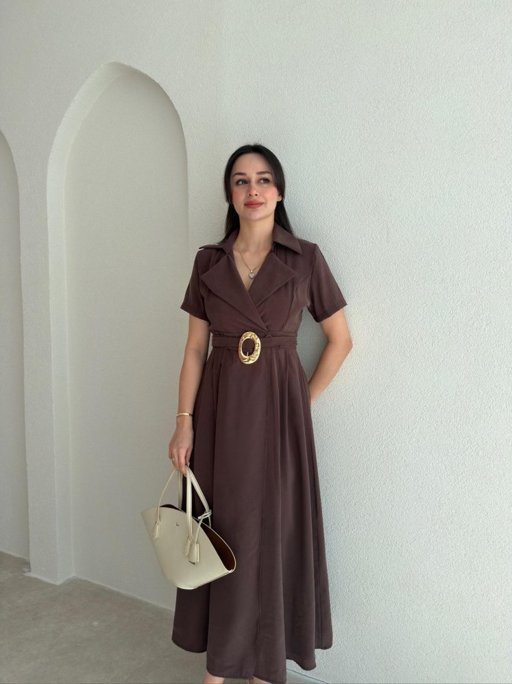 ROBERT Kemerli Midi Elbise 4782 - Acı Kahve - Mooi Butik
