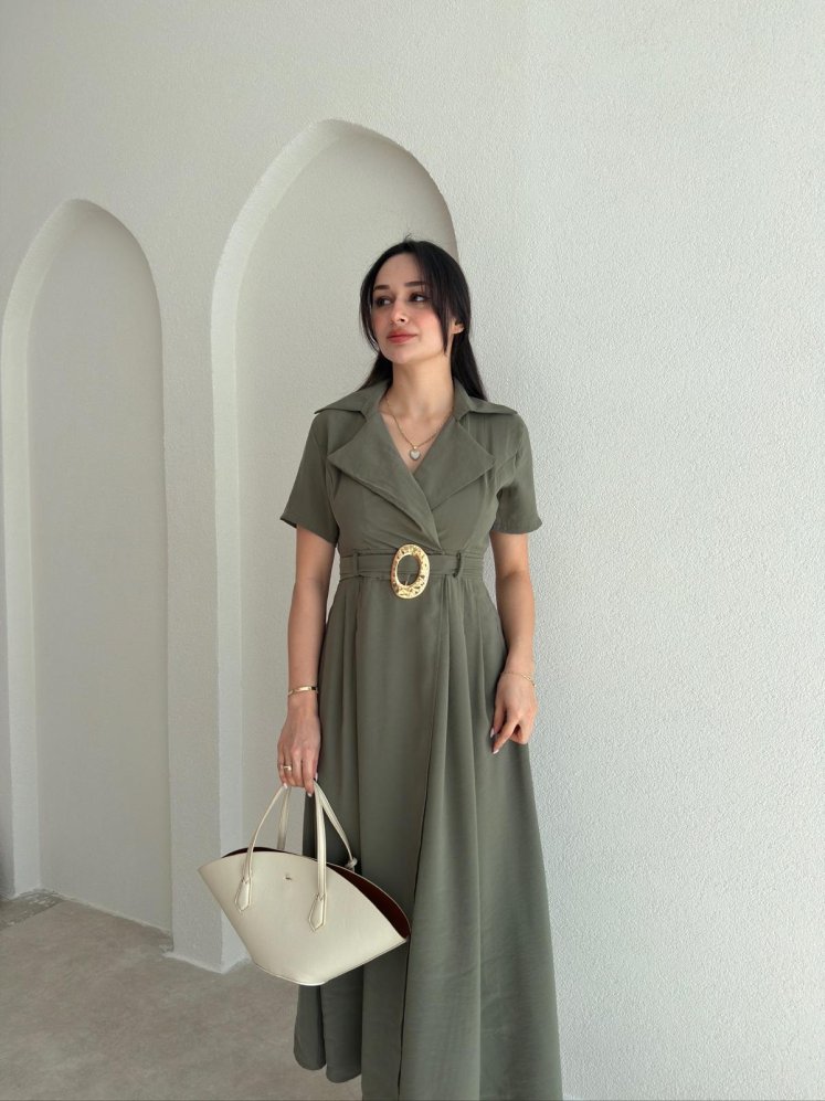ROBERT Kemerli Midi Elbise 4782 - Haki - Mooi Butik