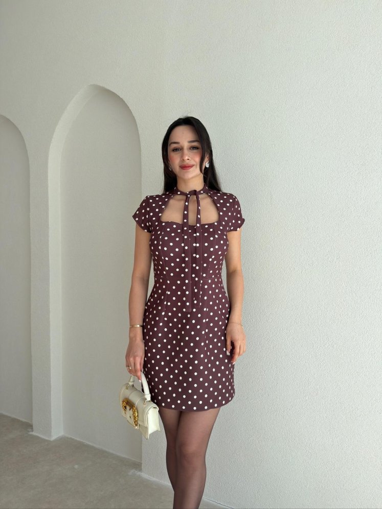 RONEY Puantiyeli Mini Elbise 9023 - Acı Kahve - Mooi Butik