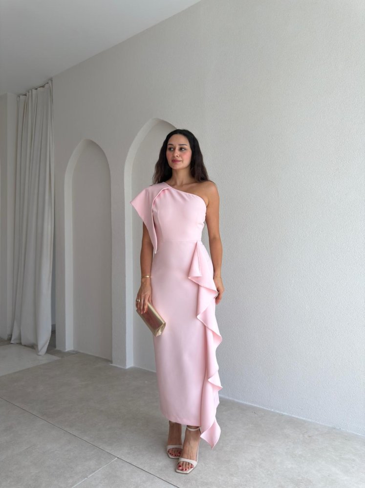 RONİN Tek Omuz Midi Elbise 3702 - Pembe - Mooi Butik