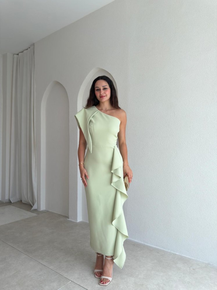 RONİN Tek Omuz Midi Elbise 3702 - Yeşil - Mooi Butik