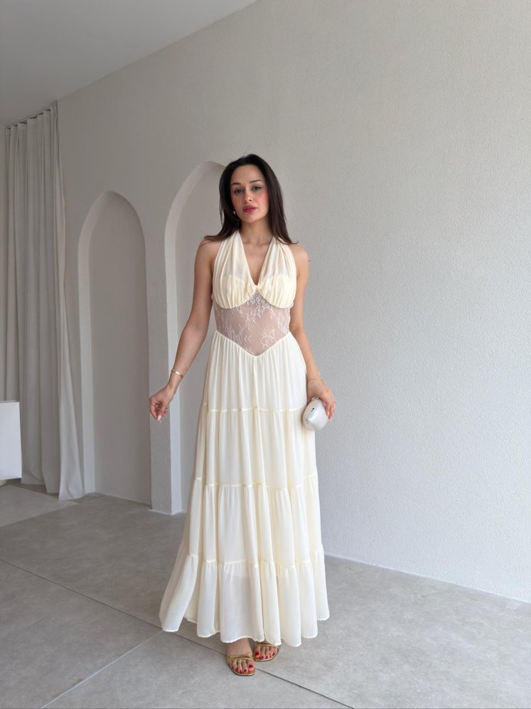 ROPE Dantel Detaylı Maxi Elbise 6556 - Krem Rengi - Mooi Butik
