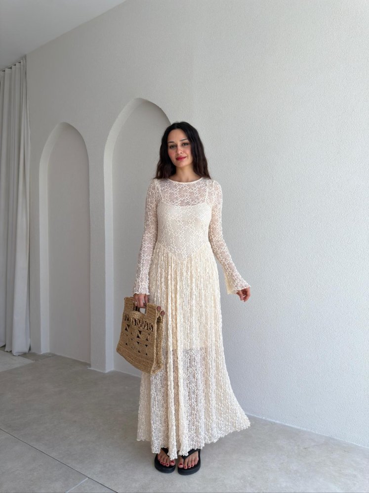 ROVER Dantelli Midi Elbise 3704 - Krem - Mooi Butik