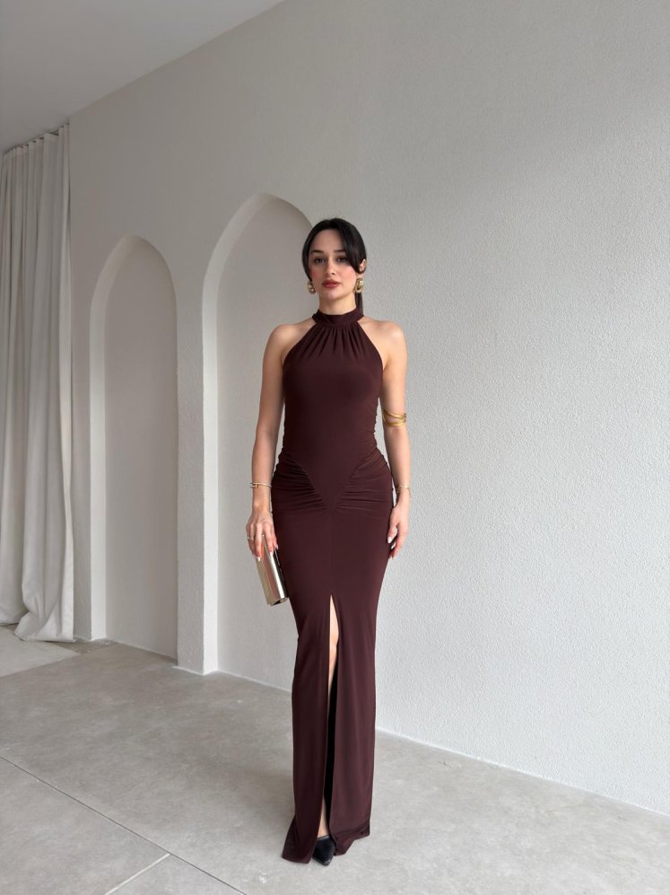 RUE Maxi Elbise 6876 - Acı Kahve - Mooi Butik