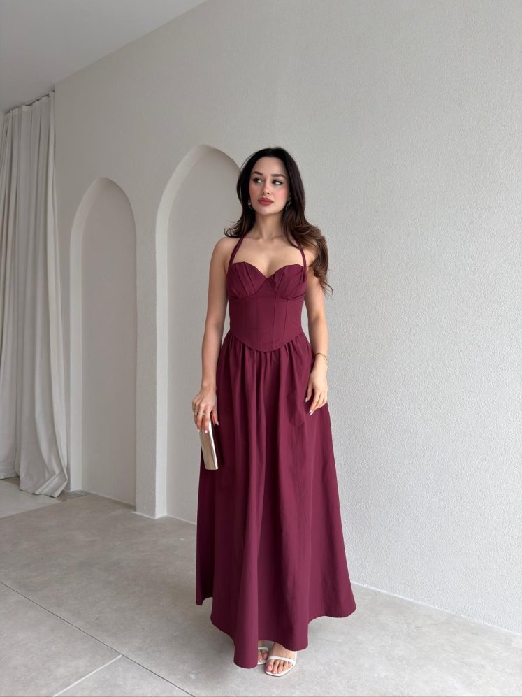  SABRİNA Maxi Elbise 8401 - Bordo - Mooi Butik