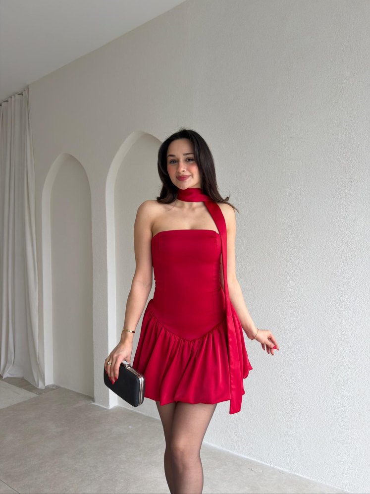 SALLY Fularlı Elbise 7849 - Kırmızı - Mooi Butik