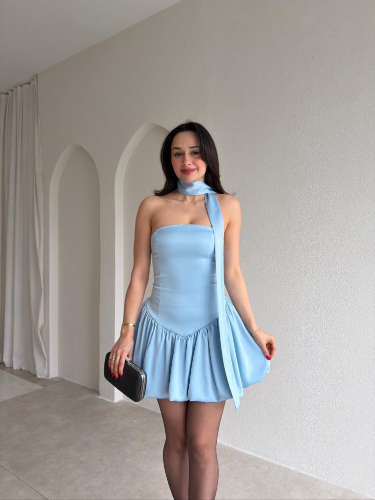 SALLY Fularlı Elbise 7849 - Bebe Mavisi - Mooi Butik