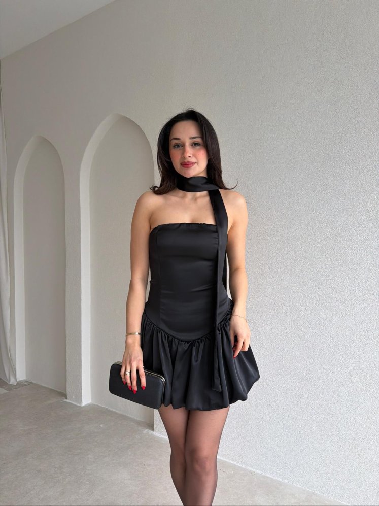 SALLY Fularlı Elbise 7849 - Siyah - Mooi Butik