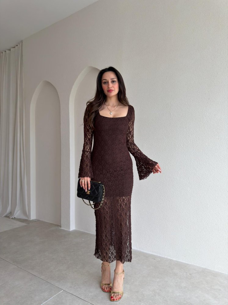 SANCHEZ Dantelli Midi Elbise 8911 - Acı Kahve - Mooi Butik