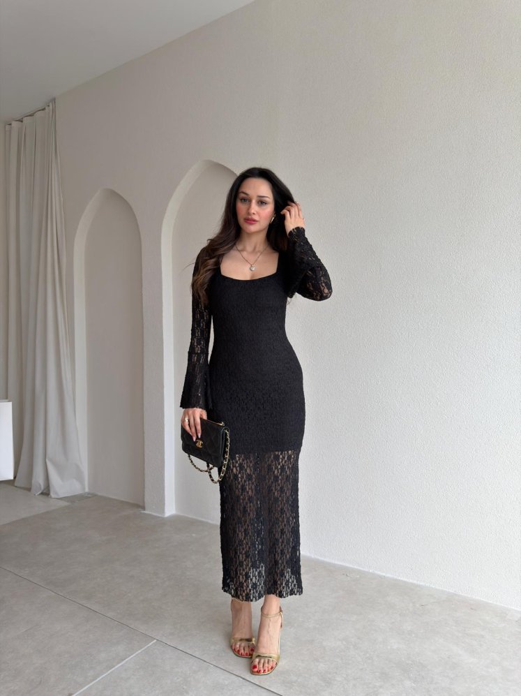SANCHEZ Dantelli Midi Elbise 8911 - Siyah - Mooi Butik