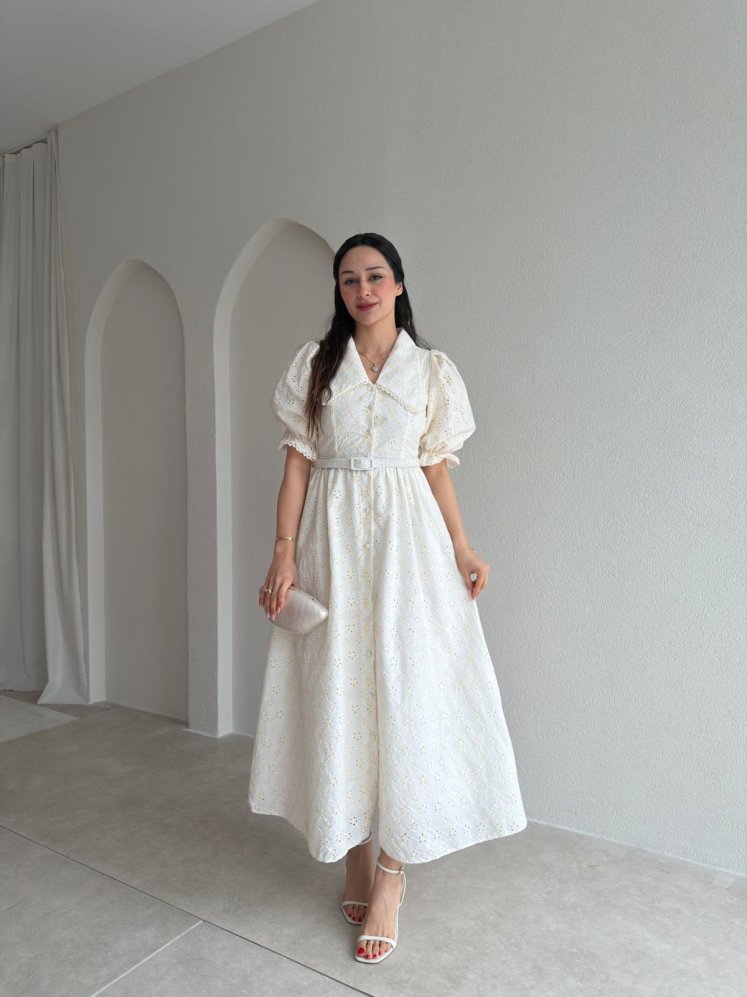 SANDRA Midi Elbise 8744 - Ekru - Mooi Butik