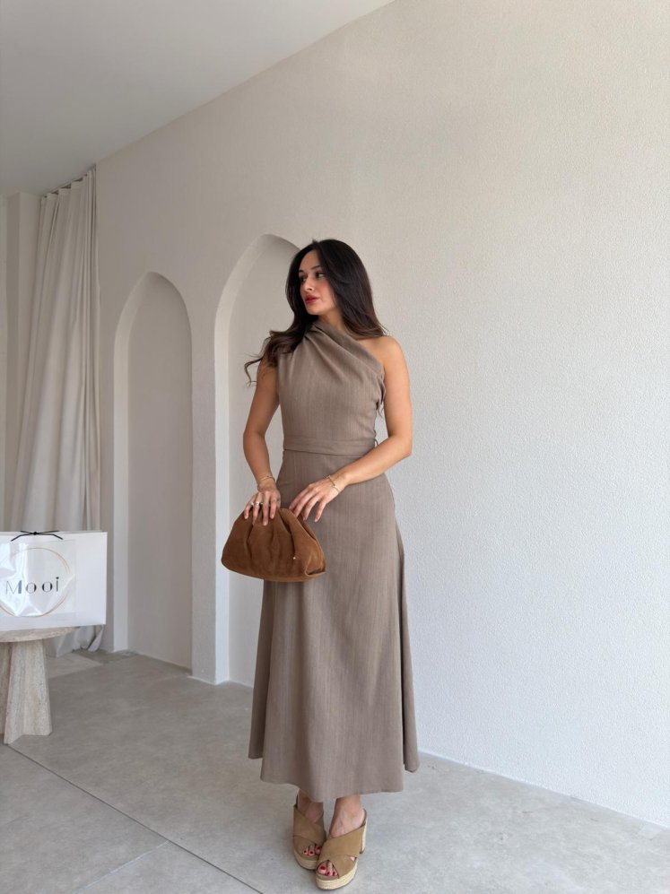 SANTİ Tek Omuz Midi Elbise 3775 - Kahverengi - Mooi Butik