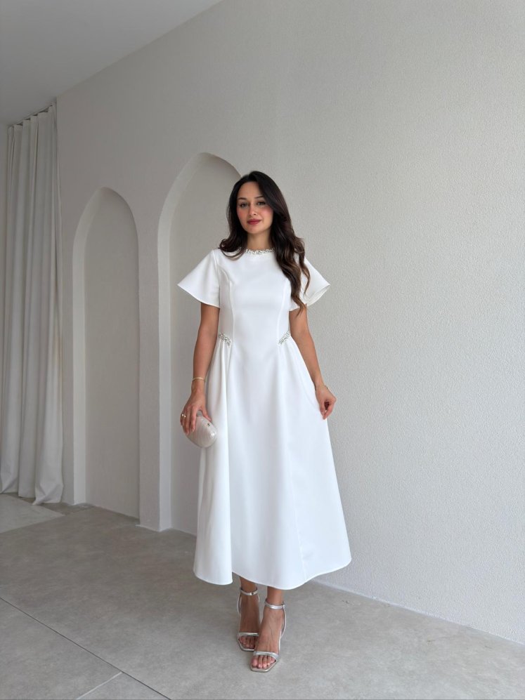 SENORİTA Taş Detaylı Midi Elbise 3769 - Beyaz - Mooi Butik