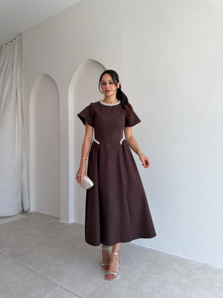 SENORİTA Taş Detaylı Midi Elbise 3769 - Acı Kahve - Mooi Butik