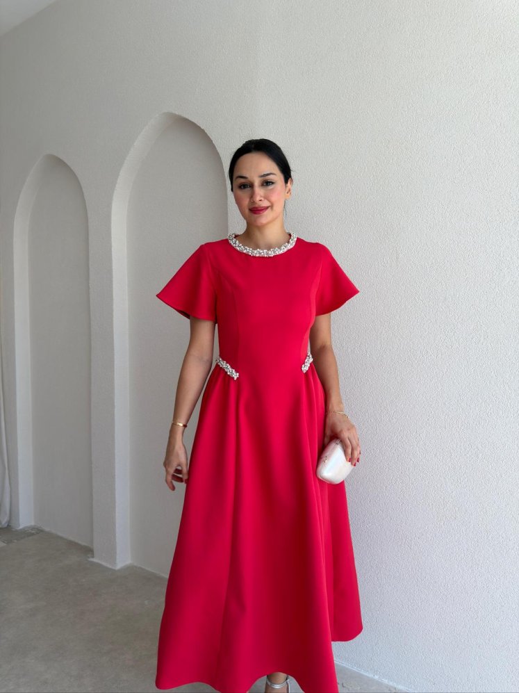 SENORİTA Taş Detaylı Midi Elbise 3769 - Kırmızı - Mooi Butik