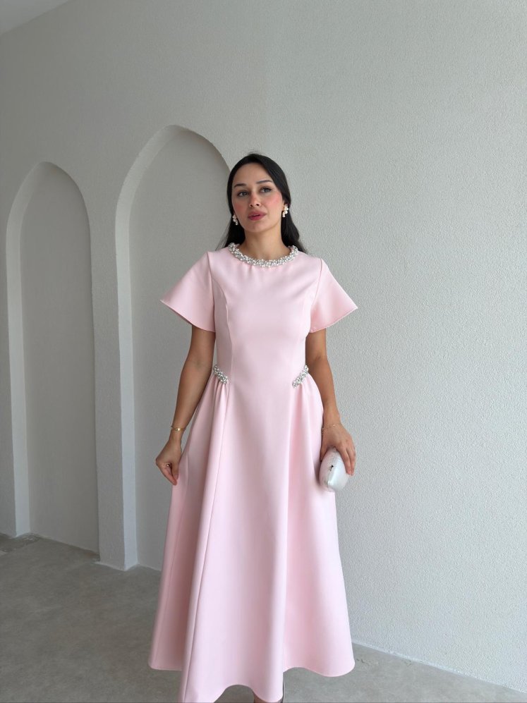 SENORİTA Taş Detaylı Midi Elbise 3769 - Pudra - Mooi Butik