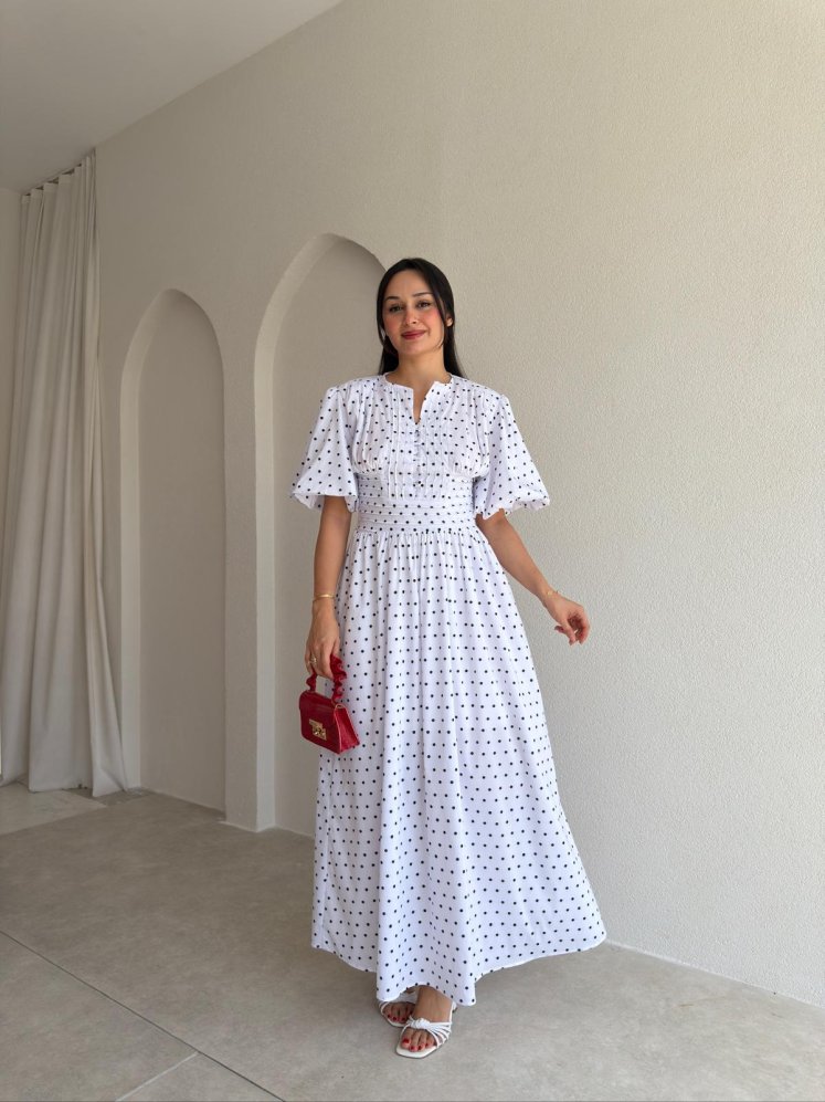 SETRE Puantiye Detaylı Midi Elbise 5634 - Beyaz - Mooi Butik