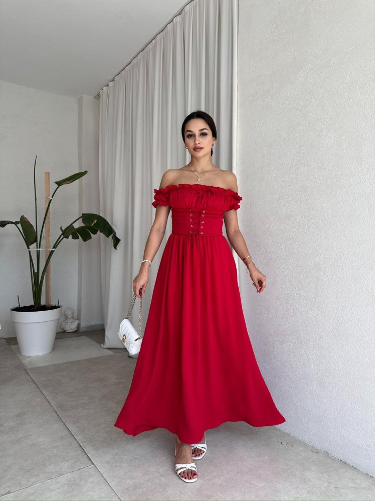  SHADOW Midi Elbise 8056 - Kırmızı - Mooi Butik