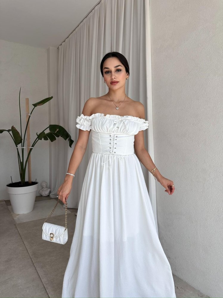 SHADOW Midi Elbise 8056 - Beyaz - Mooi Butik