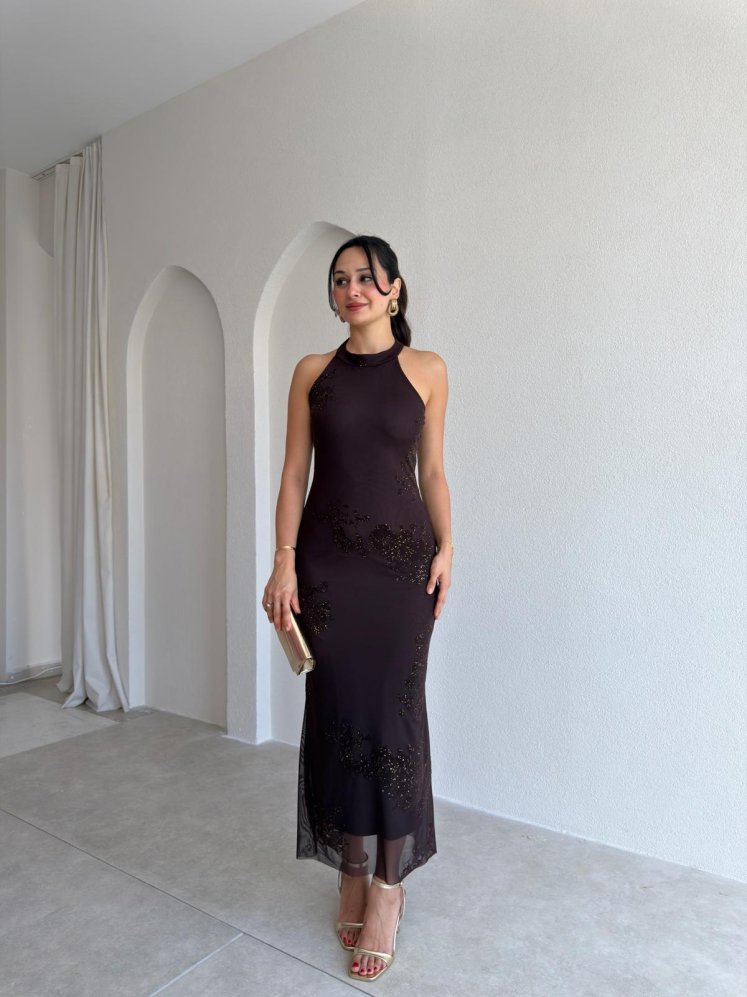 SHARON Simli Maxi Elbise 3009 - Acı Kahve - Mooi Butik