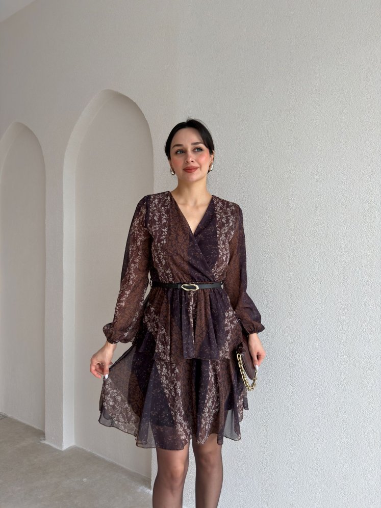 SİDE Etnik Desenli Mini Elbise 8876 - Kahverengi - Mooi Butik