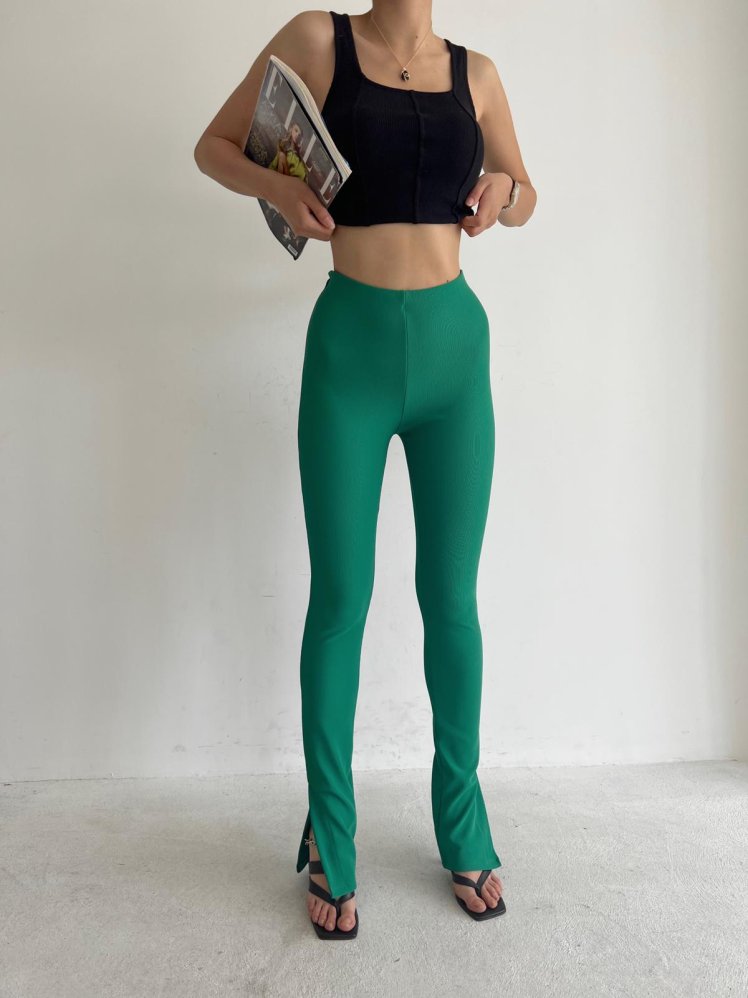 Side Slit High Waist Jesse Leggings 9553 - Green - Mooi Butik