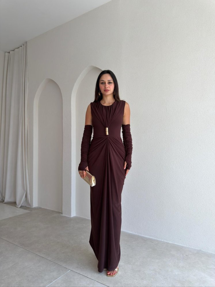 SİLVES Kol Detaylı Maxi Elbise 4216 - Acı Kahve - Mooi Butik