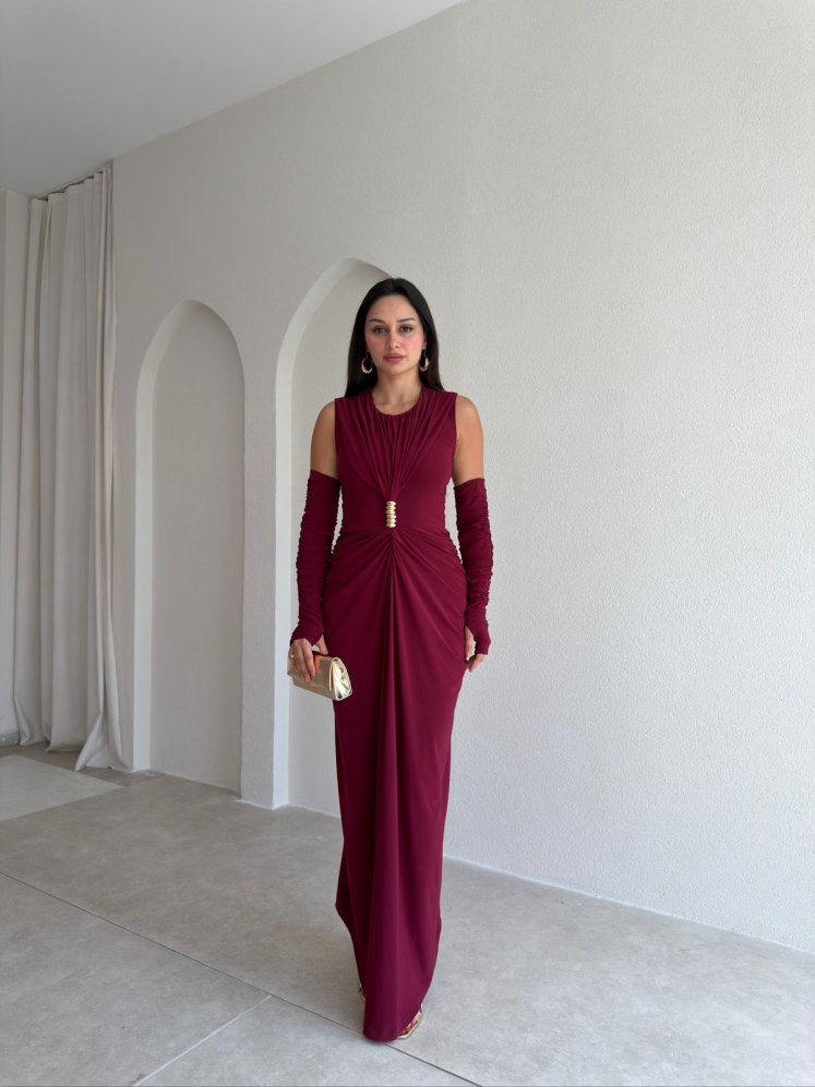 SİLVES Kol Detaylı Maxi Elbise 4216 - Bordo - Mooi Butik