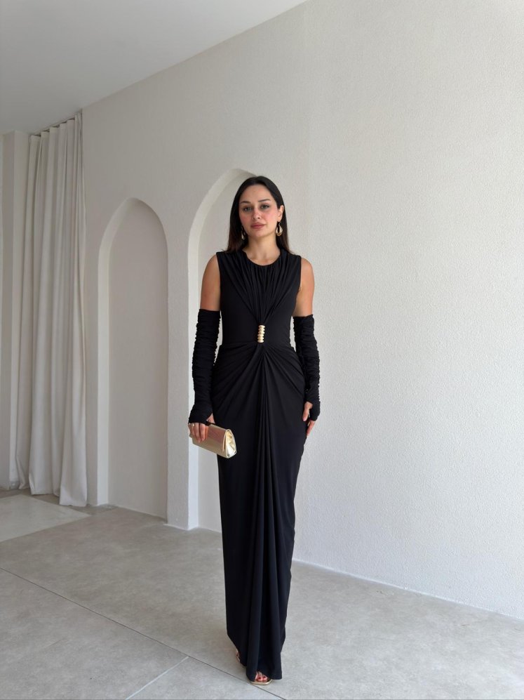  SİLVES Kol Detaylı Maxi Elbise 4216 - Siyah - Mooi Butik