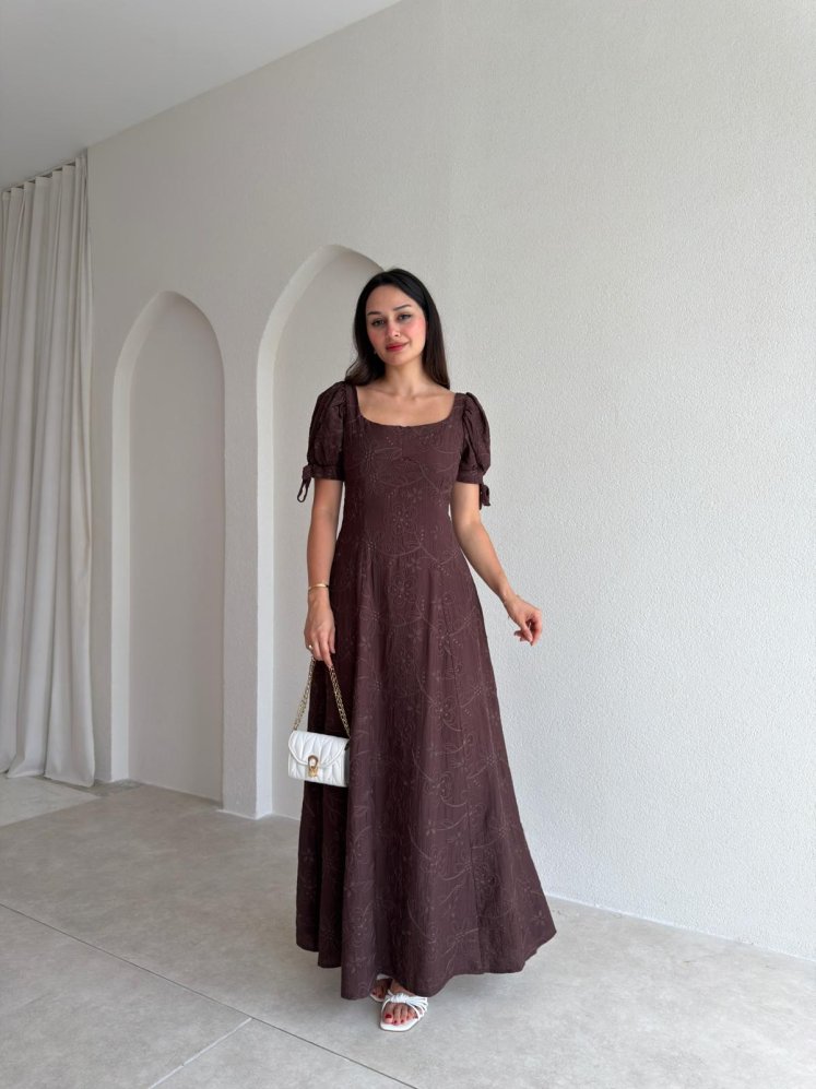 SİMON Maxi Elbise 3685 - Acı Kahve - Mooi Butik