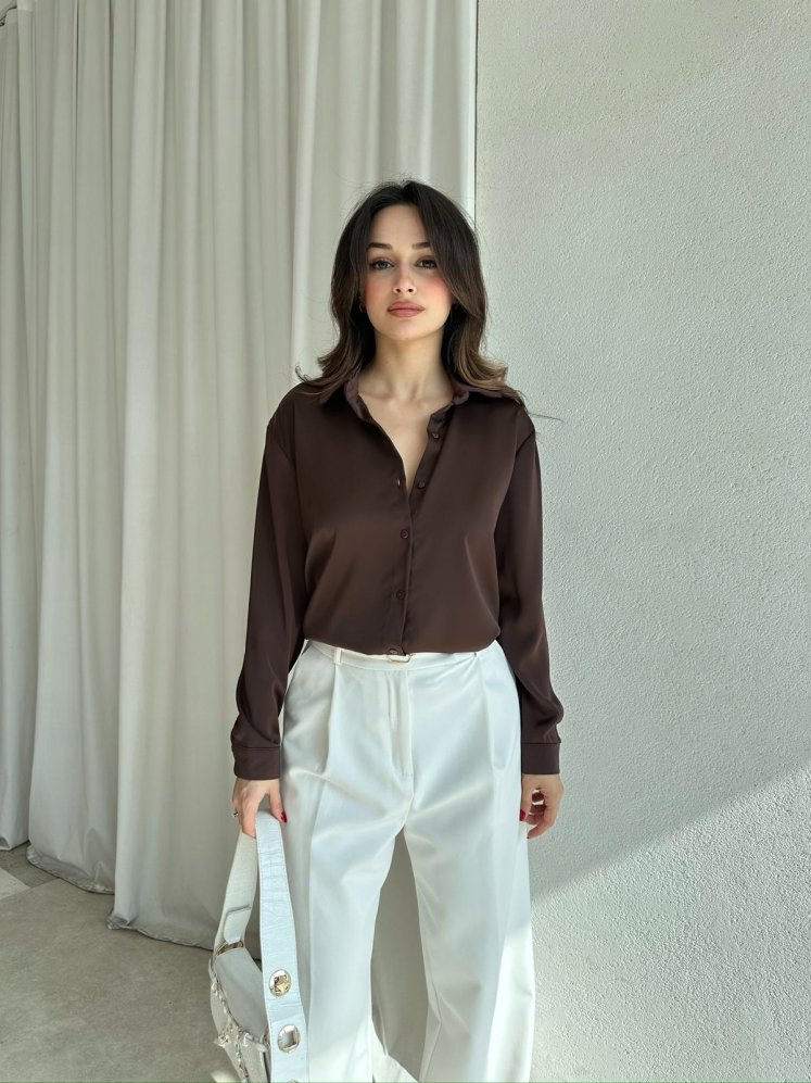 SİMPLE Saten Gömlek 8674 - Acı Kahve - Mooi Butik