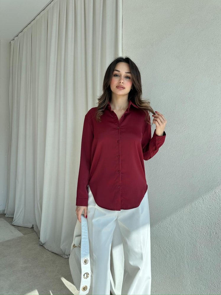 SİMPLE Saten Gömlek 8674 - Bordo - Mooi Butik