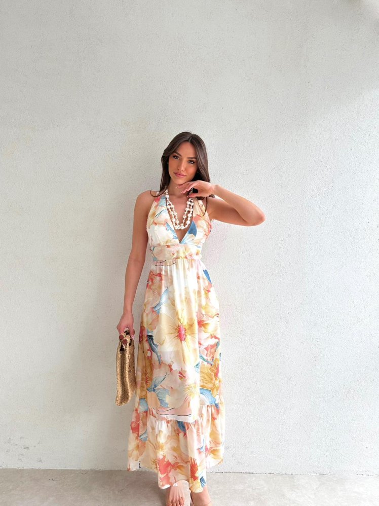 Sırt Dekolteli Midi REYMONT Elbise 6709 - Sarı - Mooi Butik