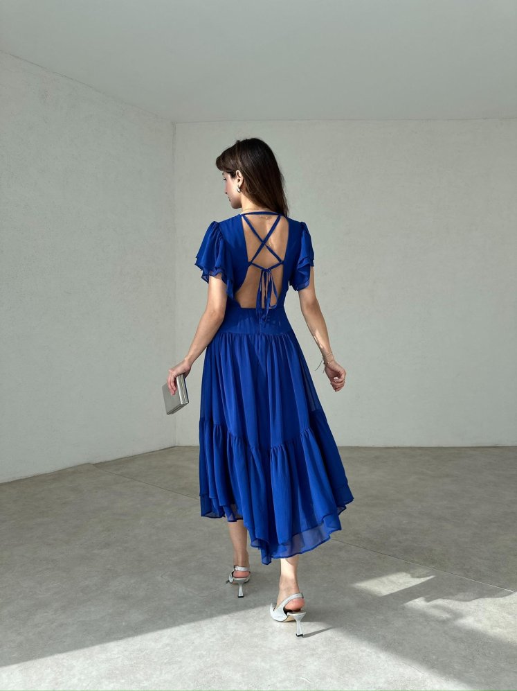 Sırt Dekolteli Midi RİVEST Elbise 8555 - Mavi - Mooi Butik