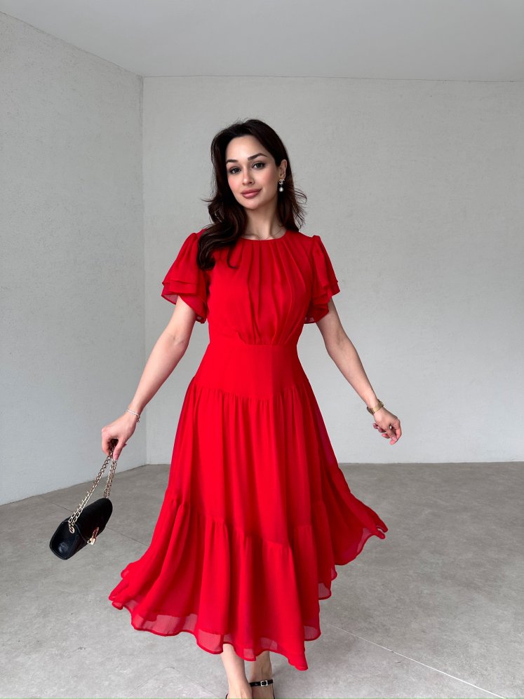 Sırt Dekolteli Midi RİVEST Elbise 8555 - Kırmızı - Mooi Butik