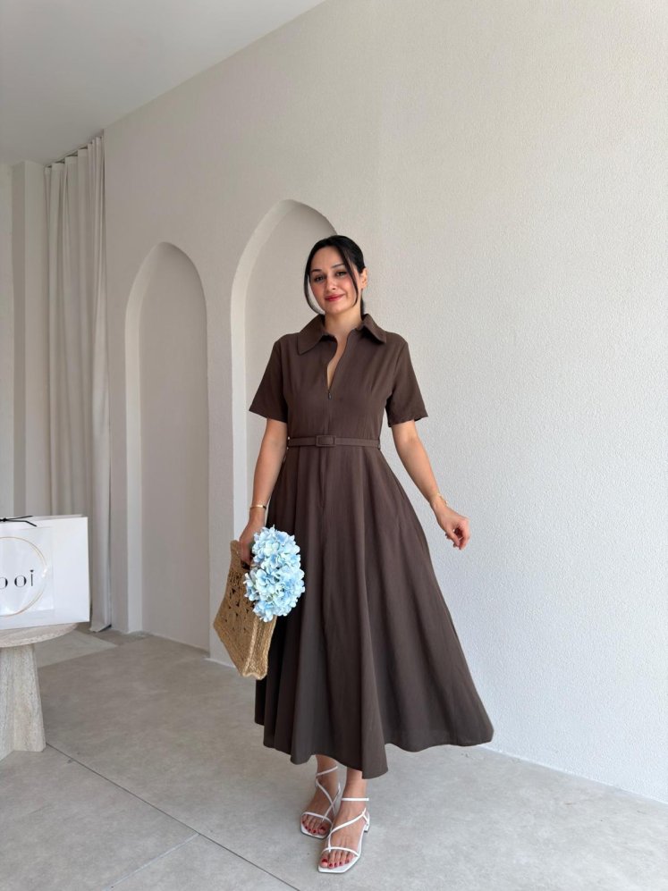 SLOW Kemerli Midi Elbise 4896 - Acı Kahve - Mooi Butik
