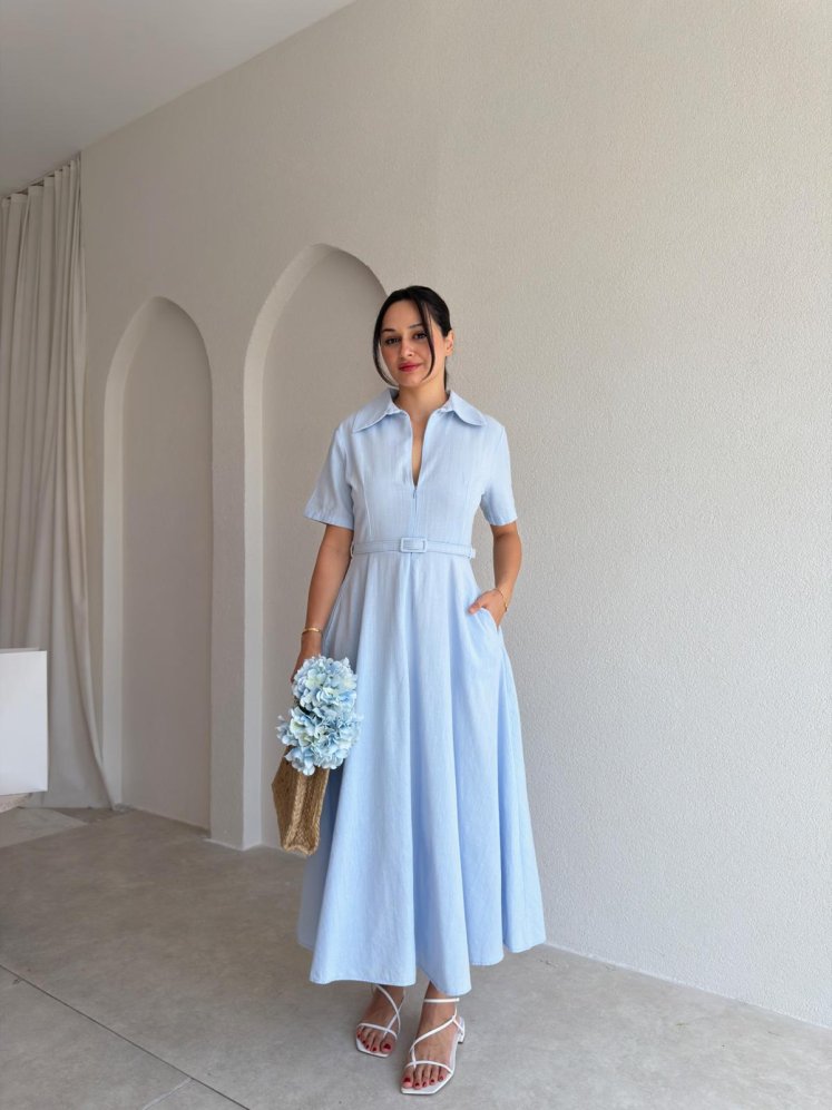 SLOW Kemerli Midi Elbise 4896 - Bebe Mavisi - Mooi Butik