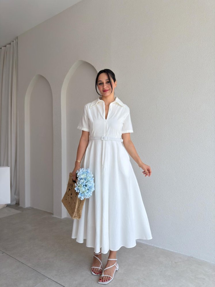 SLOW Kemerli Midi Elbise 4896 - Beyaz - Mooi Butik