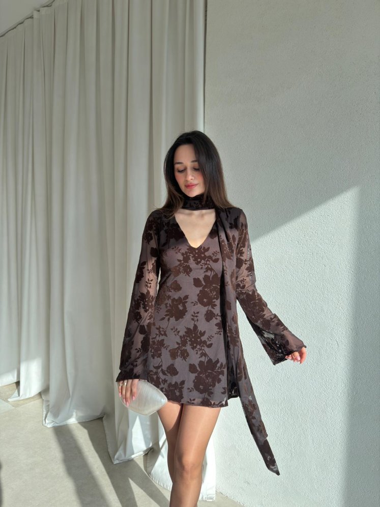 SNİPER Mini Desenli Elbise 8837 - Acı Kahve - Mooi Butik