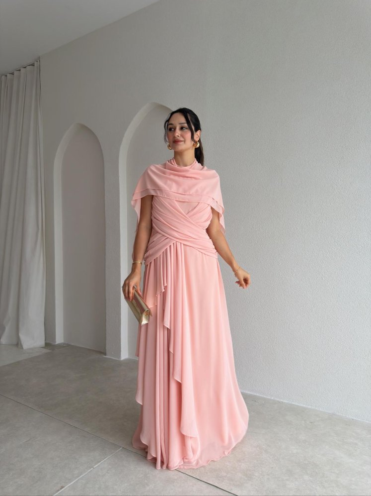 SOLİD Şallı Maxi Elbise 3678 - Pudra - Mooi Butik